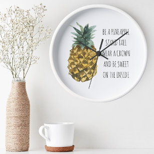 Modern Watercolor Pineapple & Positive Funny Quote Round Clock