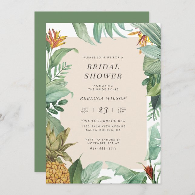 Modern Watercolor Pineapple Tropical Bridal Shower Invitation (Front/Back)