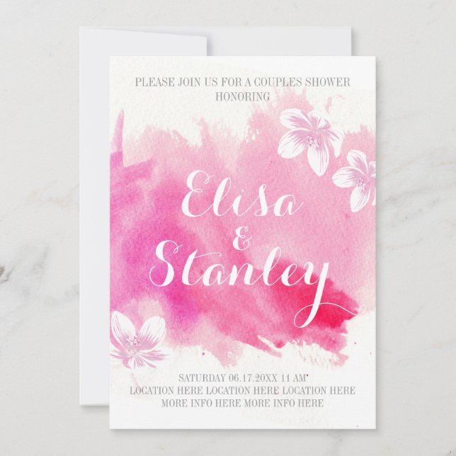 Modern watercolor pink blossoms couples shower invitation (Front)
