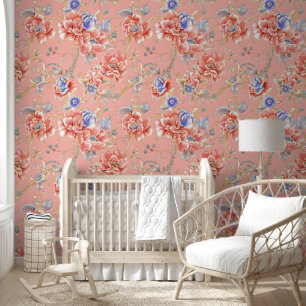 Modern Watercolor Pink Blue Flowers Floral Wallpaper
