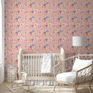 Modern Watercolor Pink Blue Flowers Floral Wallpaper