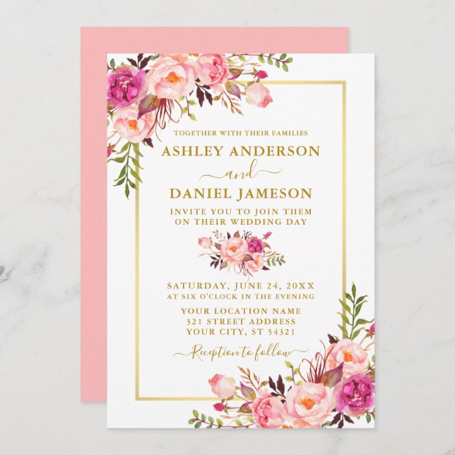 Modern Watercolor Pink Blush Floral Wedding Gold Invitation (Front/Back)