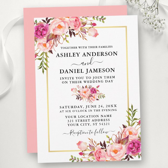 Modern Watercolor Pink Blush Roses Floral Wedding Invitation (Customize to change color of back of card.)