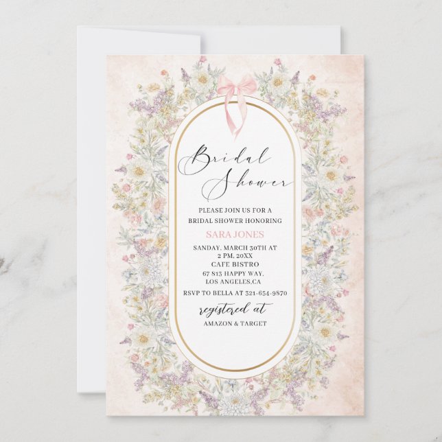 Modern Watercolor Pink bow retro flowers Bridal Sh Invitation (Front)