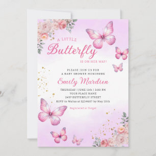 Modern Watercolor Pink Butterfly Girl Baby Shower  Invitation