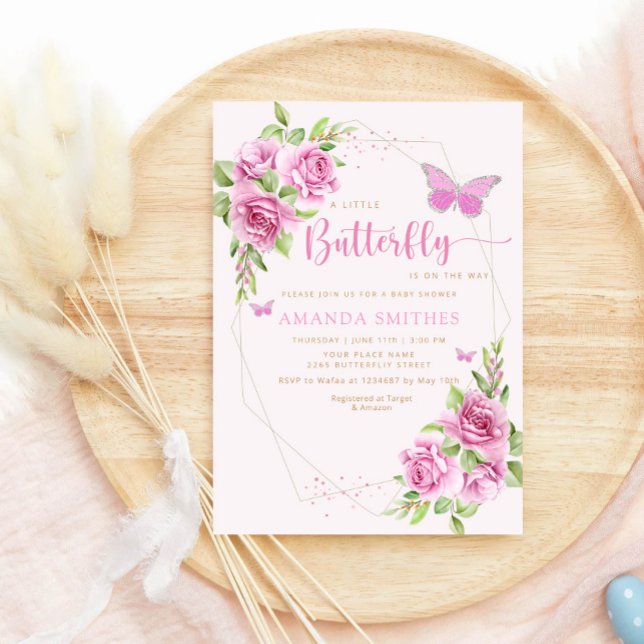 Modern Watercolor Pink Butterfly Girl Baby Shower  Invitation (Creator Uploaded)