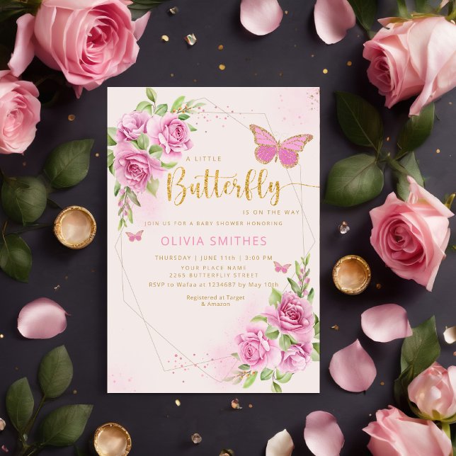 Modern Watercolor Pink Butterfly Girl Baby Shower Invitation (Creator Uploaded)
