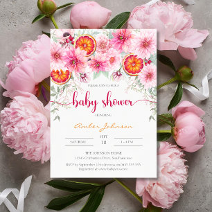 Modern Watercolor Pink & Citrus Baby Shower Invitation
