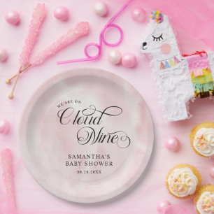 Modern Watercolor Pink  Cloud Nine Baby Shower Paper Plate