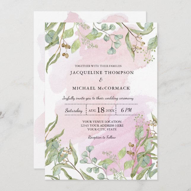Modern Watercolor Pink Eucalyptus Greenery Wedding Invitation (Front/Back)