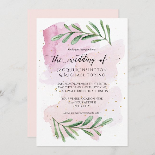 Modern Watercolor Pink Eucalyptus Greenery Wedding Invitation (Front/Back)