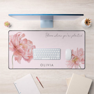 Modern Watercolor Pink Floral Bloom Personalised Desk Mat