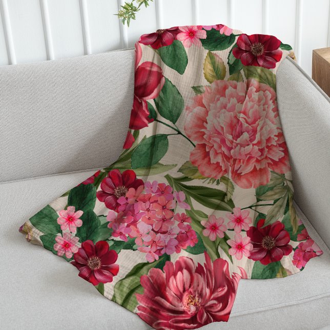 Modern Watercolor pink floral botanical greenery Fleece Blanket (Creator Uploaded)