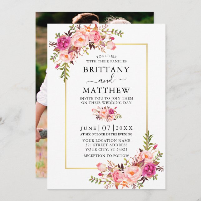 Modern Watercolor Pink Floral Photo Gold Wedding Invitation (Front/Back)