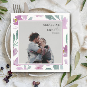 Modern Watercolor Pink Floral & Photo Wedding Napkin