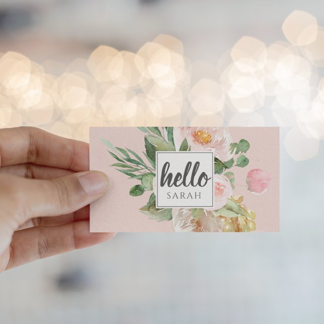 Modern Watercolor Pink Flowers & Hello & Name Business Card (Creator Uploaded)