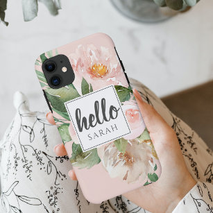 Modern Watercolor Pink Flowers & Hello & Name iPhone 12 Mini Case