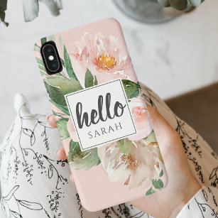 Modern Watercolor Pink Flowers & Hello & Name iPhone 12 Mini Case