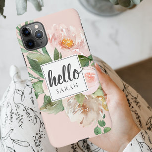Modern Watercolor Pink Flowers & Hello & Name iPhone 11Pro Max Case