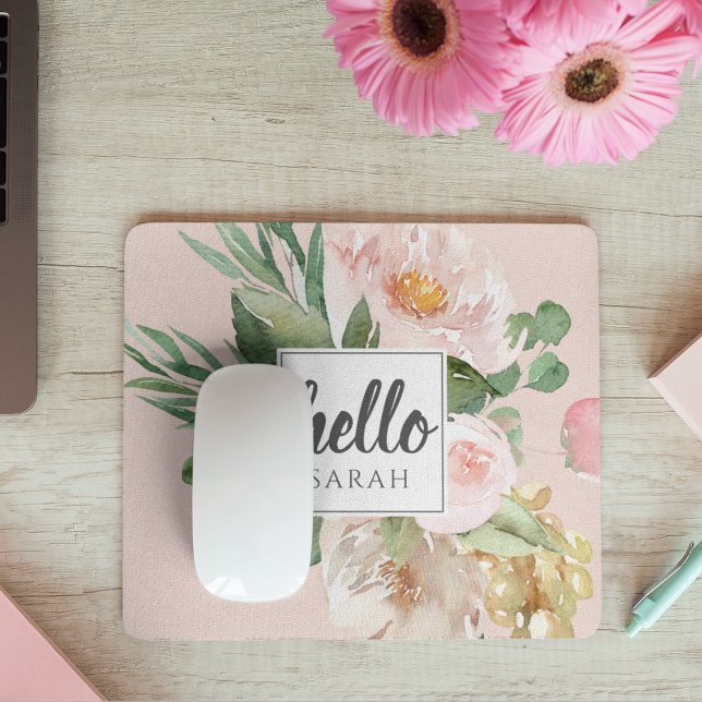 Modern Watercolor Pink Flowers & Hello & Name Mouse Pad (Creator Uploaded)