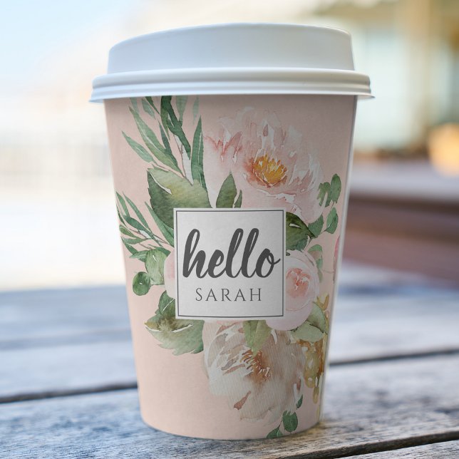 Modern Watercolor Pink Flowers & Hello & Name Paper Cups (Creator Uploaded)