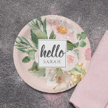 Modern Watercolor Pink Flowers & Hello & Name Paper Plate<br><div class="desc">Modern Watercolor Pink Flowers & Hello & Name</div>
