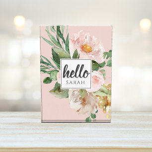 Modern Watercolor Pink Flowers & Hello & Name Photo Block