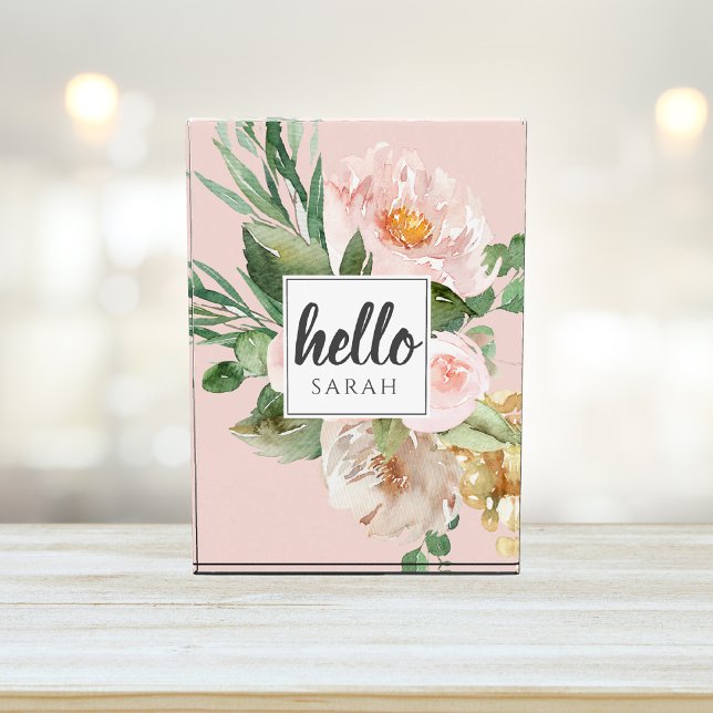 Modern Watercolor Pink Flowers & Hello & Name Photo Block (Creator Uploaded)