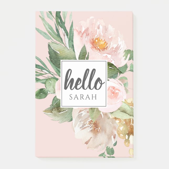 Modern Watercolor Pink Flowers & Hello & Name Post-it Notes (Front)