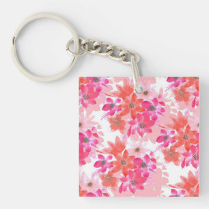 Modern Watercolor Pink Flowers Key Ring