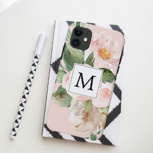 Modern Watercolor Pink Flowers Monogrammed