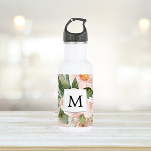 Modern Watercolor Pink Flowers Monogrammed 532 Ml Water Bottle