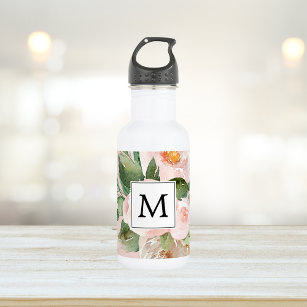 Modern Watercolor Pink Flowers Monogrammed  532 Ml Water Bottle