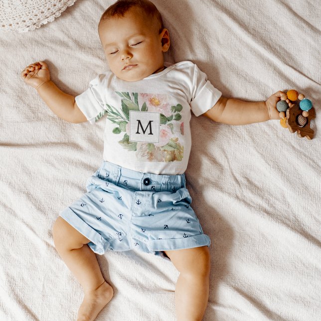 Modern Watercolor Pink Flowers Monogrammed  Baby Bodysuit (Creator Uploaded)