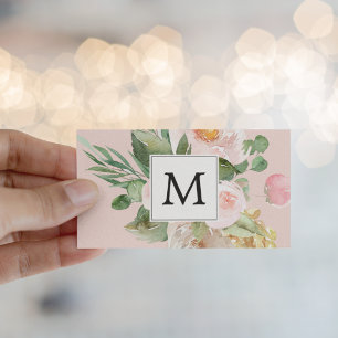 Modern Watercolor Pink Flowers Monogrammed  Business Card
