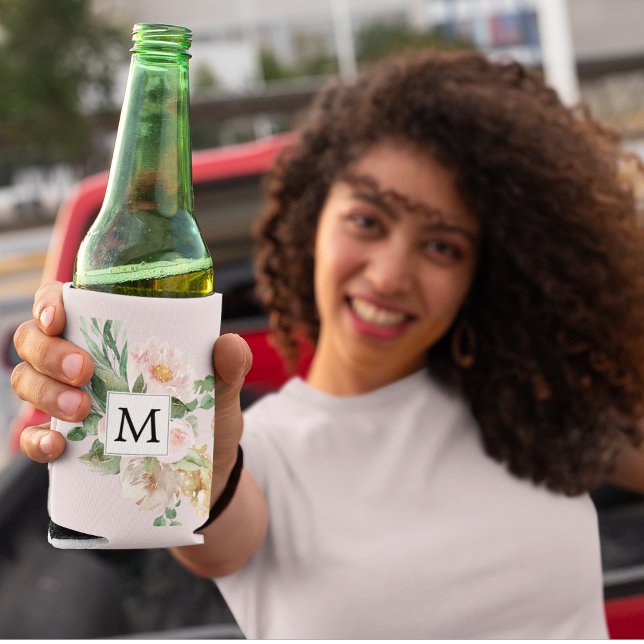 Modern Watercolor Pink Flowers Monogrammed Can Cooler (Creator Uploaded)