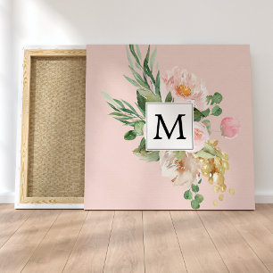 Modern Watercolor Pink Flowers Monogrammed Canvas Print