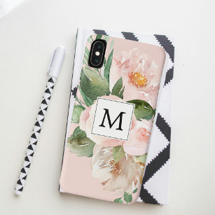 Modern Watercolor Pink Flowers Monogrammed  iPhone 15 Case