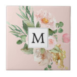 Modern Watercolor Pink Flowers Monogrammed  Ceramic Tile<br><div class="desc">Modern Watercolor Pink Flowers Monogrammed</div>