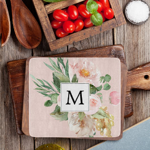 Modern Watercolor Pink Flowers Monogrammed  Cutting Board