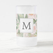 Modern Watercolor Pink Flowers Monogrammed  Frosted Glass Beer Mug (Center)