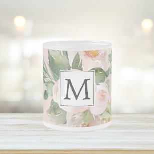 Modern Watercolor Pink Flowers Monogrammed  Frosted Glass Coffee Mug