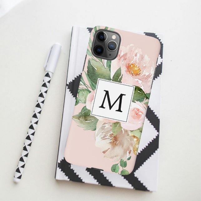 Modern Watercolor Pink Flowers Monogrammed  iPhone Case (Creator Uploaded)
