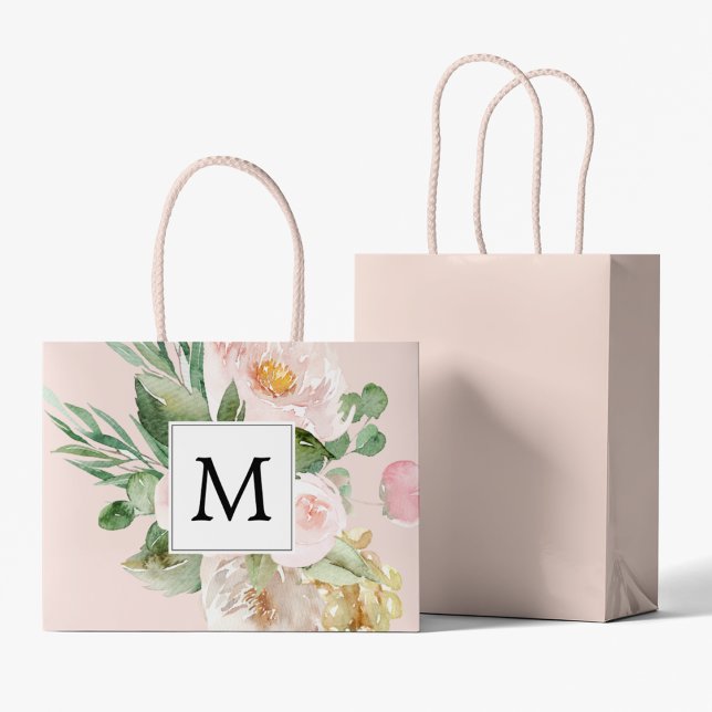 Modern Watercolor Pink Flowers Monogrammed  Large Gift Bag (Creator Uploaded)