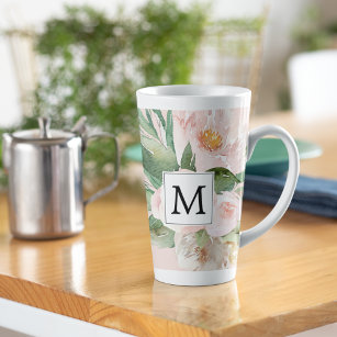 Modern Watercolor Pink Flowers Monogrammed  Latte Mug