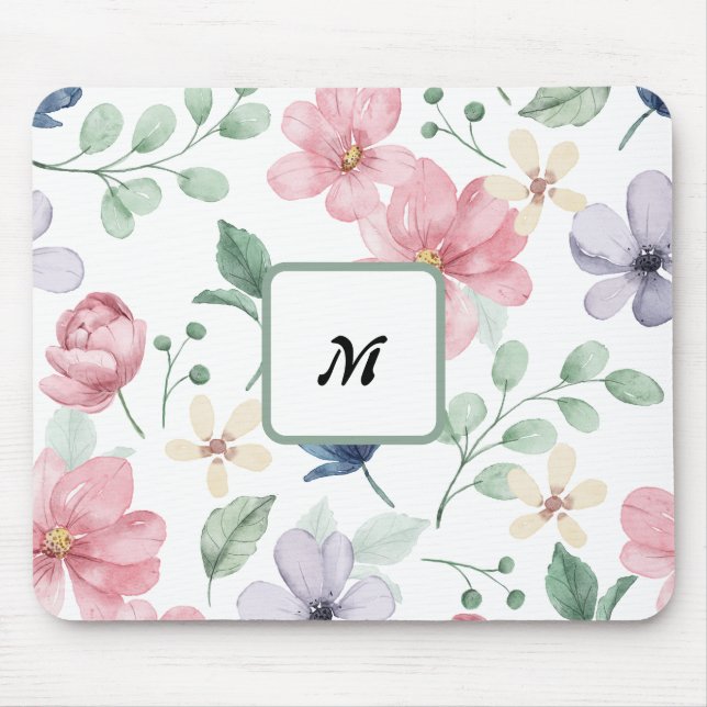 Modern Watercolor Pink Flowers Monogrammed Mouse Mouse Pad (Front)