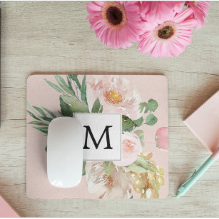 Modern Watercolor Pink Flowers Monogrammed  Mouse Pad