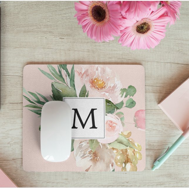 Modern Watercolor Pink Flowers Monogrammed  Mouse Pad (Creator Uploaded)