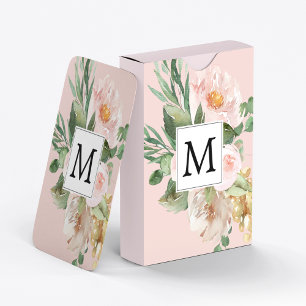 Modern Watercolor Pink Flowers Monogrammed  Playing Cards