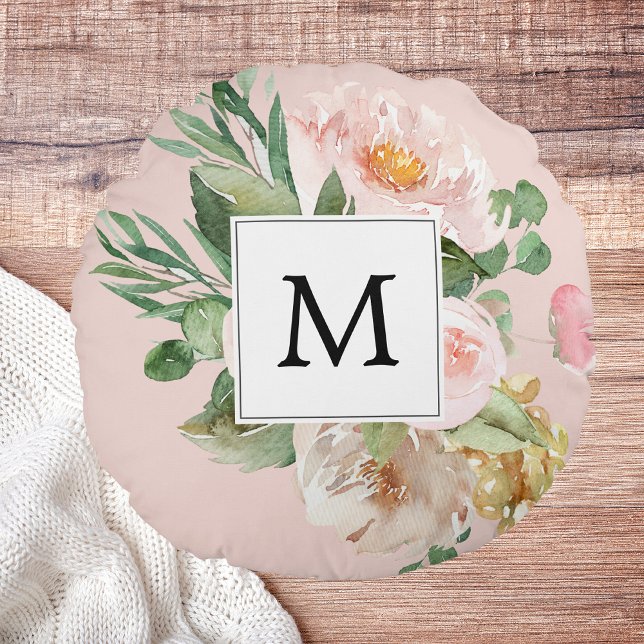 Modern Watercolor Pink Flowers Monogrammed  Round Cushion (Creator Uploaded)